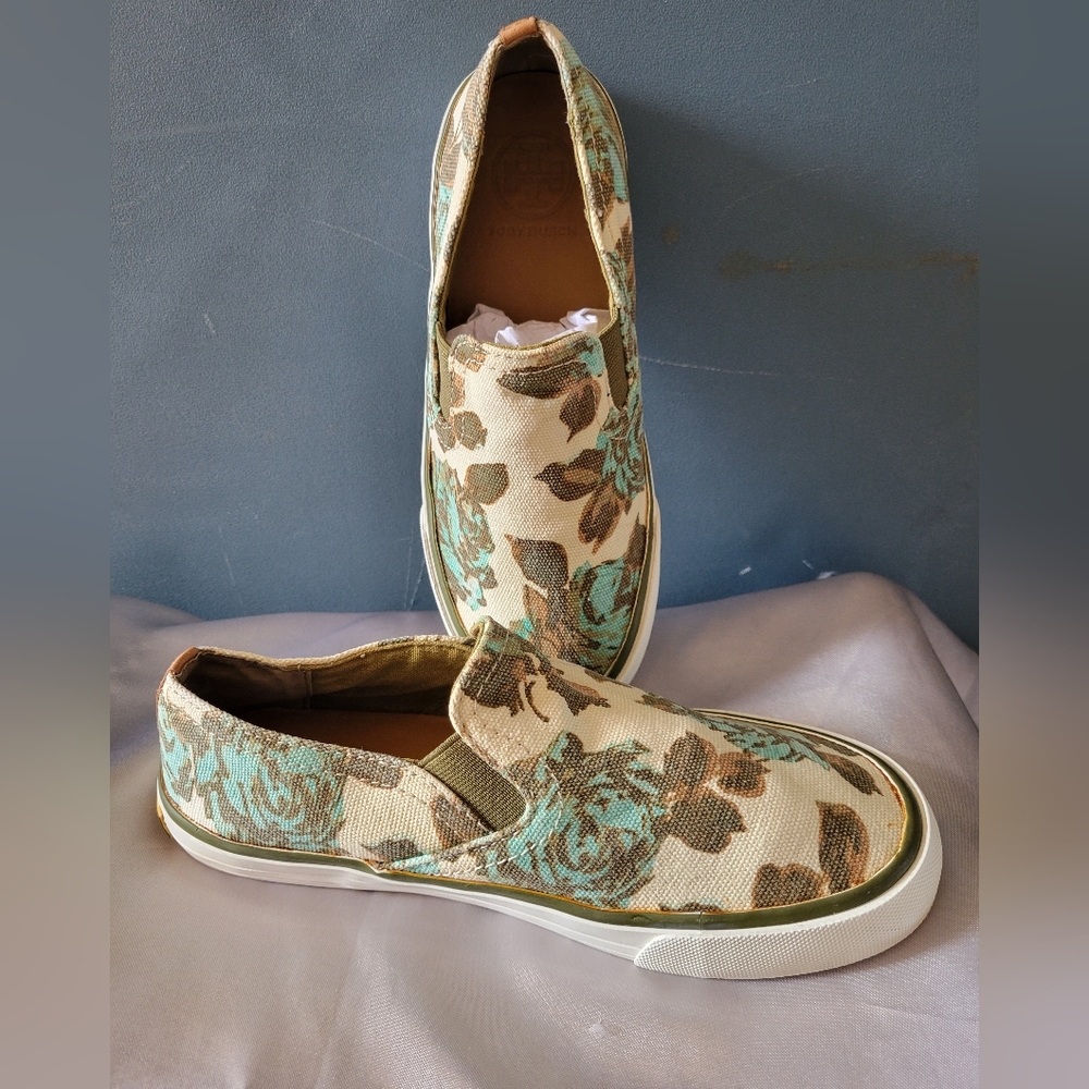 Tory Burch Womens Miles Sneakers Shoes Green Floral Low Top 5M